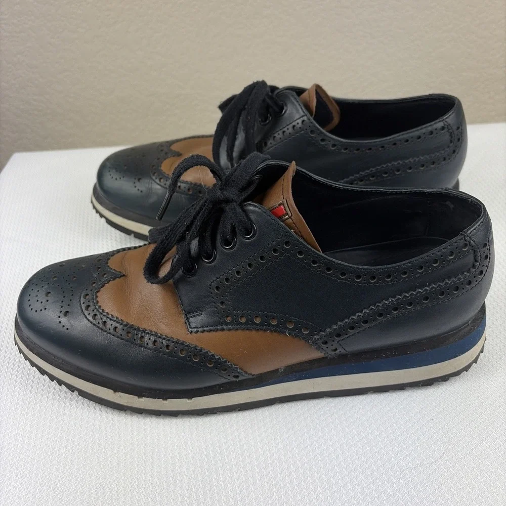 Prada Vit Montana derby calf leather platform sports Wing-Tip Brown Navy US 7.5